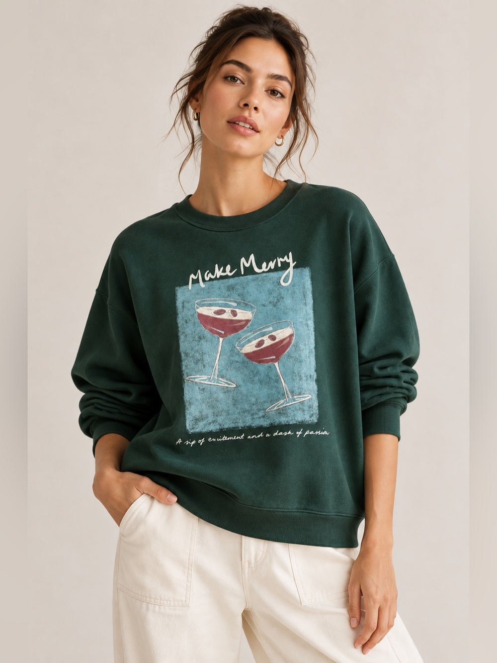 Maeve Anthropologie Make Merry Martini Graphic Sweatshirt Green L Cocktailcore